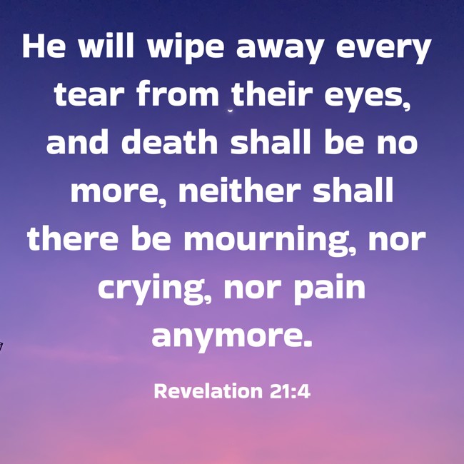 He will wipe away every tear from their eyes, and death shall be no more, neither shall there be mourning, nor crying, nor pain anymore. - Revelation 21:4