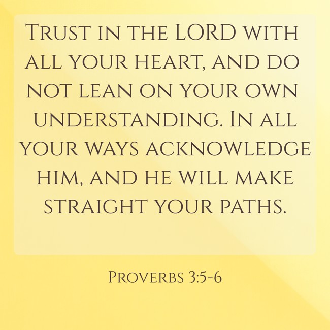 Trust in the LORD with all your heart, and do not lean on your own understanding. In all your ways acknowledge him, and he will make straight your paths. - Proverbs 3:5-6