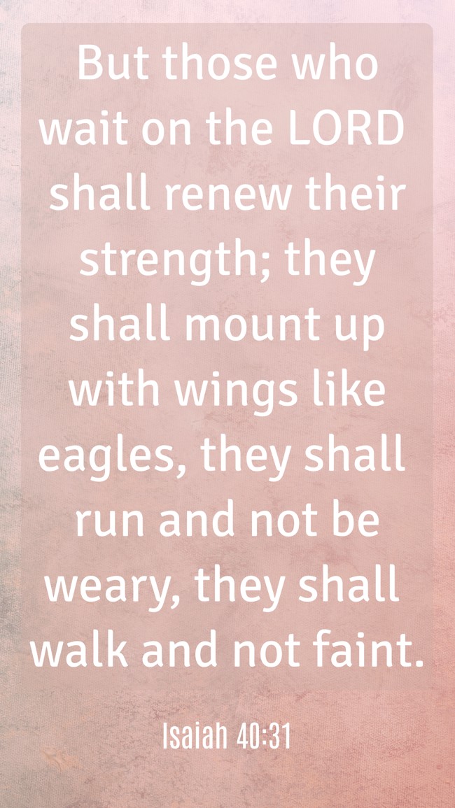 But those who wait on the LORD shall renew their strength; they shall mount up with wings like eagles, they shall run and not be weary, they shall walk and not faint. - Isaiah 40:31