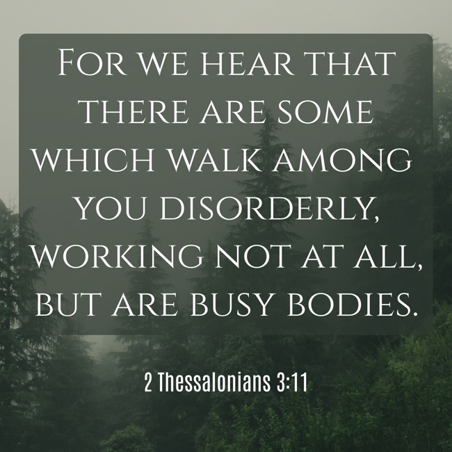 For we hear that there are some which walk among you disorderly, working not at all, but are busy bodies. - 2 Thessalonians 3:11