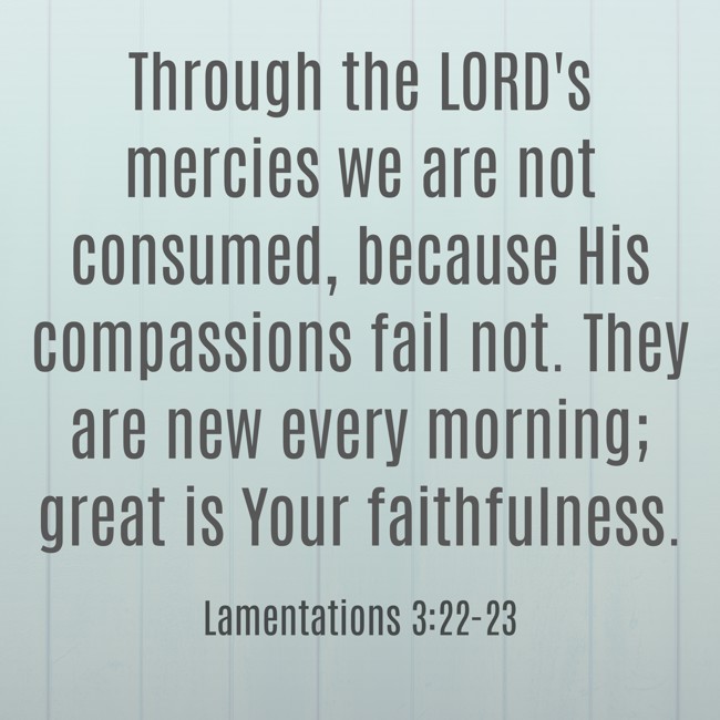 Through the LORD's mercies we are not consumed, because His compassions fail not. They are new every morning; great is Your faithfulness. - Lamentations 3:22-23