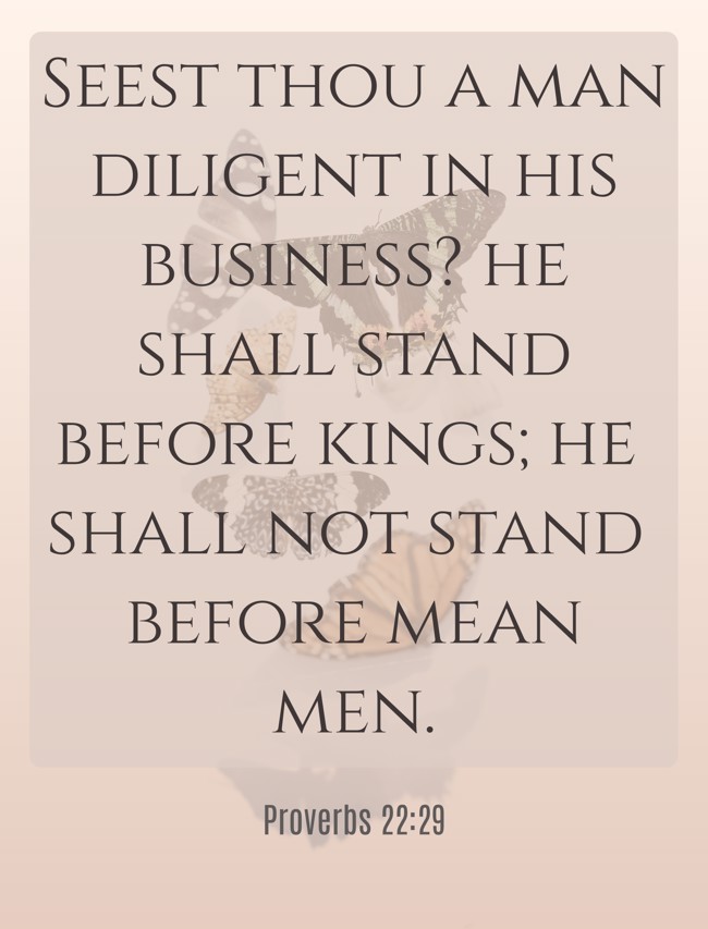 Seest thou a man diligent in his business? he shall stand before kings; he shall not stand before mean men. - Proverbs 22:29