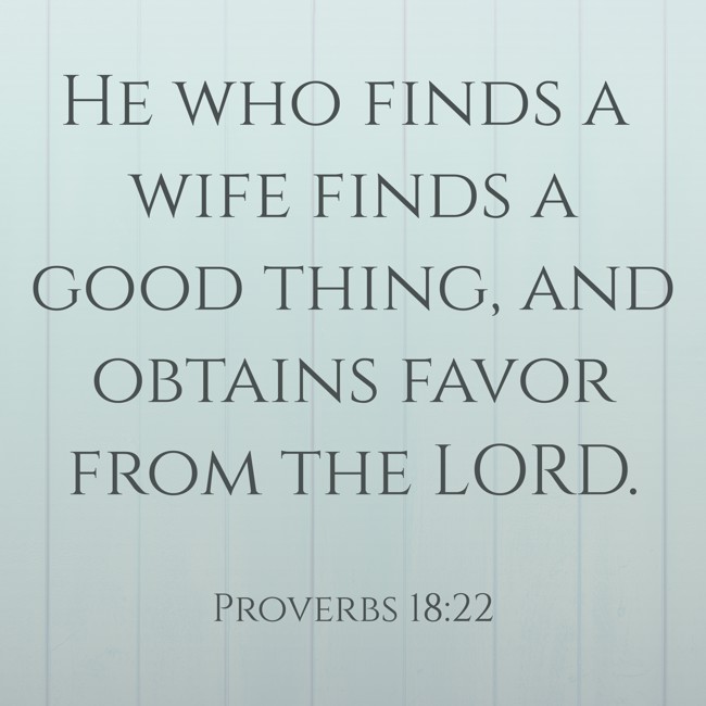 He who finds a wife finds a good thing, and obtains favor from the LORD. - Proverbs 18:22