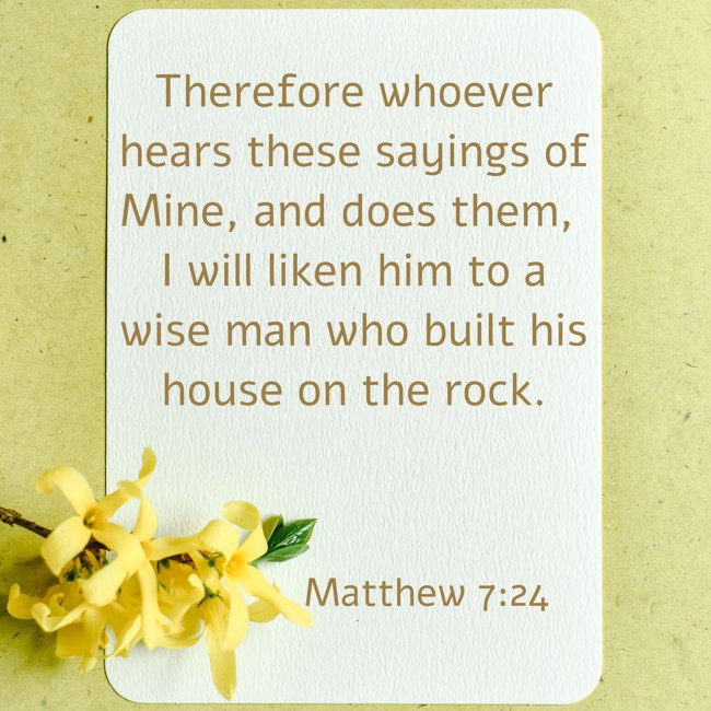 Therefore whoever hears these sayings of Mine, and does them, I will liken him to a wise man who built his house on the rock. - Matthew 7:24