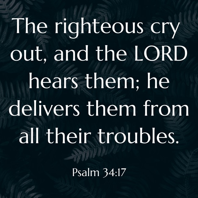 The righteous cry out, and the LORD hears them; he delivers them from all their troubles. - Psalm 34:17