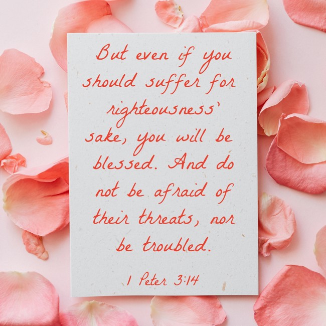 But even if you should suffer for righteousness’ sake, you will be blessed. And do not be afraid of their threats, nor be troubled. - 1 Peter 3:14