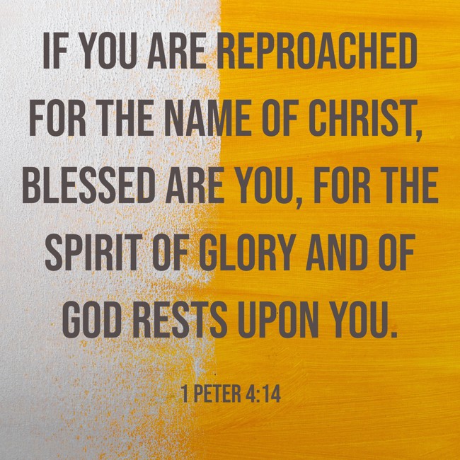 If you are reproached for the name of Christ, blessed are you, for the Spirit of glory and of God rests upon you. - 1 Peter 4:14