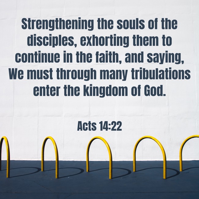 Strengthening the souls of the disciples, exhorting them to continue in the faith, and saying, We must through many tribulations enter the kingdom of God. - Acts 14:22