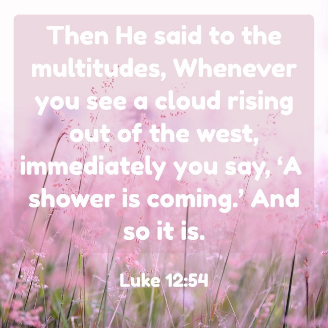 Then He said to the multitudes, Whenever you see a cloud rising out of the west, immediately you say, ‘A shower is coming.’ And so it is. - Luke 12:54