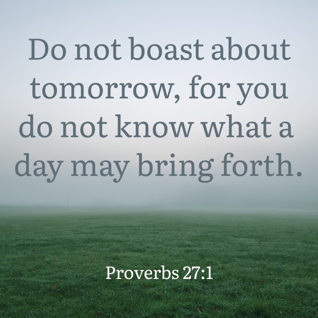 Do not boast about tomorrow, for you do not know what a day may bring forth. - Proverbs 27:1