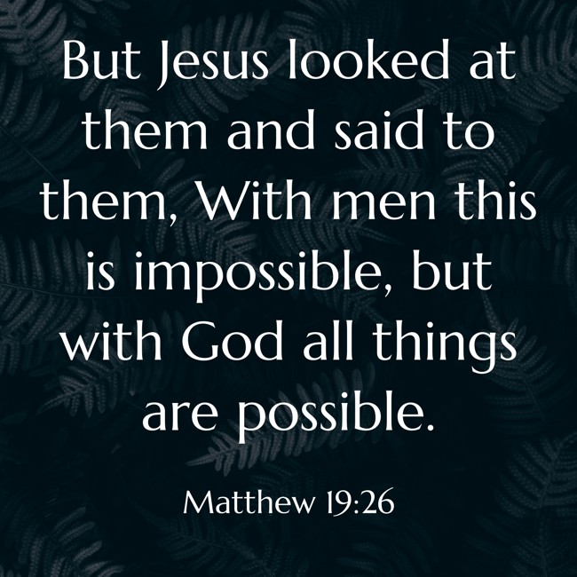 But Jesus looked at them and said to them, With men this is impossible, but with God all things are possible. - Matthew 19:26