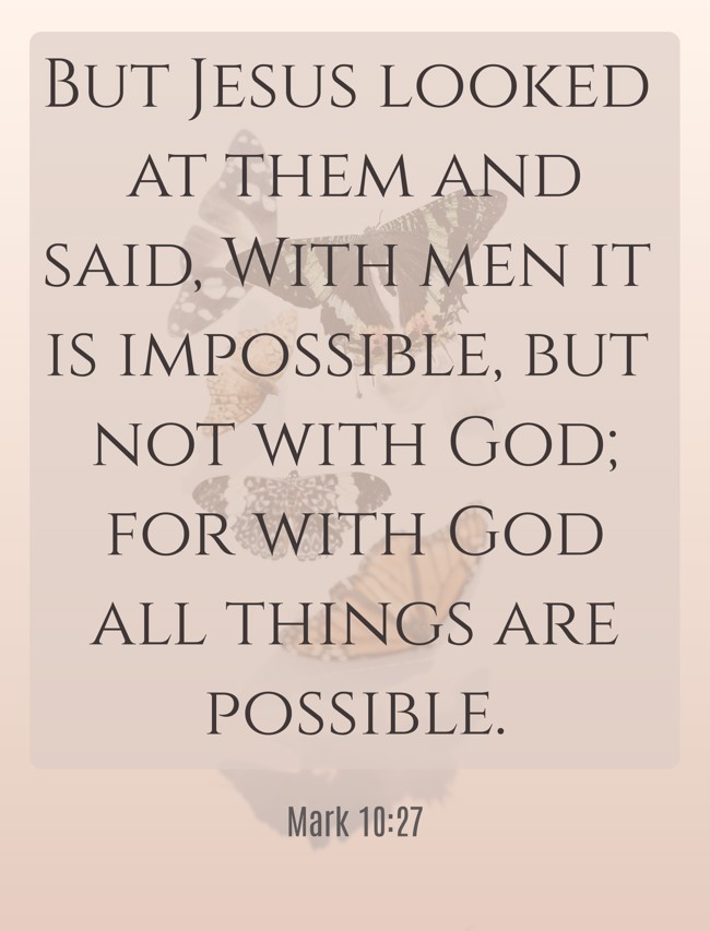 But Jesus looked at them and said, With men it is impossible, but not with God; for with God all things are possible. - Mark 10:27