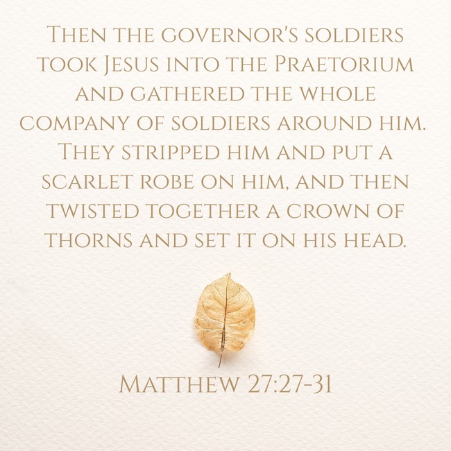 Then the governor's soldiers took Jesus into the Praetorium and gathered the whole company of soldiers around him. They stripped him and put a scarlet robe on him, and then twisted together a crown of thorns and set it on his head. - Matthew 27:27-31