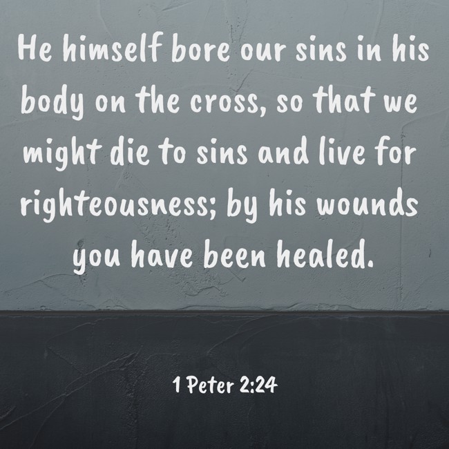He himself bore our sins in his body on the cross, so that we might die to sins and live for righteousness; by his wounds you have been healed. - 1 Peter 2:24