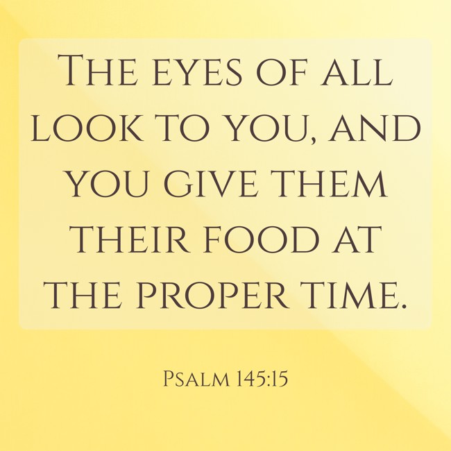 The eyes of all look to you, and you give them their food at the proper time. - Psalm 145:15