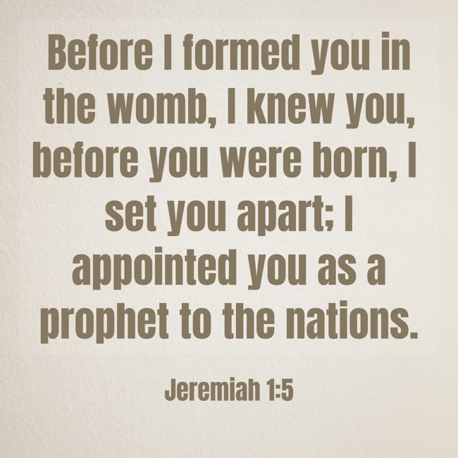 Before I formed you in the womb, I knew you, before you were born, I set you apart; I appointed you as a prophet to the nations. - Jeremiah 1:5