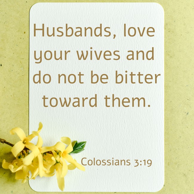 Husbands, love your wives and do not be bitter toward them. - Colossians 3:19