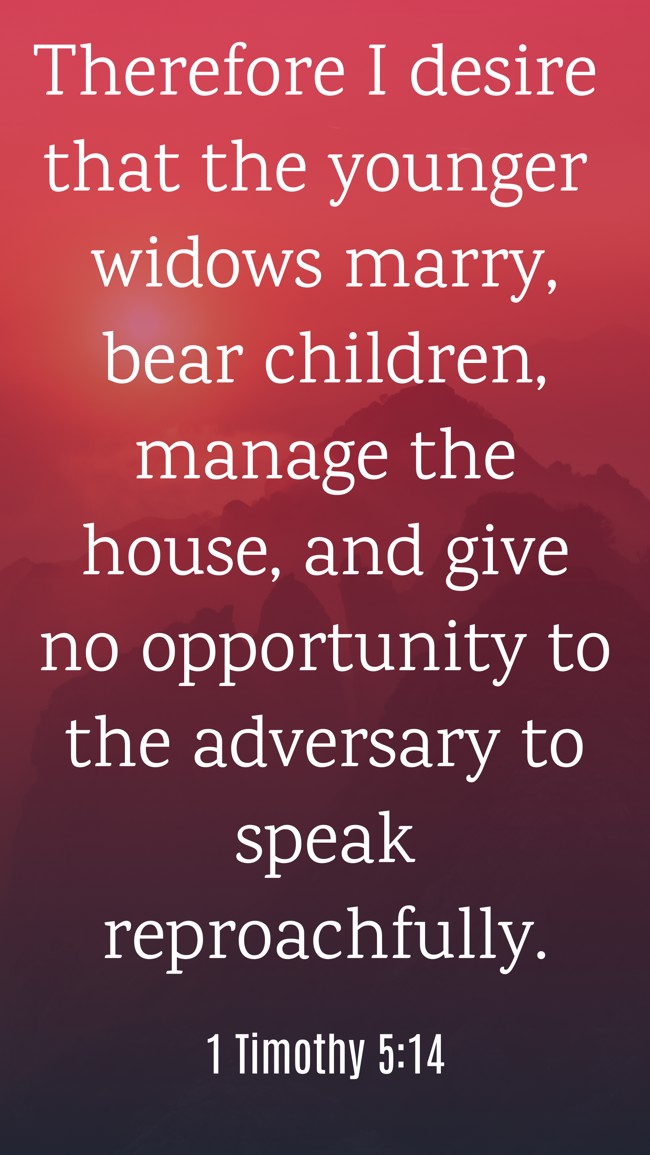 Therefore I desire that the younger widows marry, bear children, manage the house, and give no opportunity to the adversary to speak reproachfully. - 1 Timothy 5:14