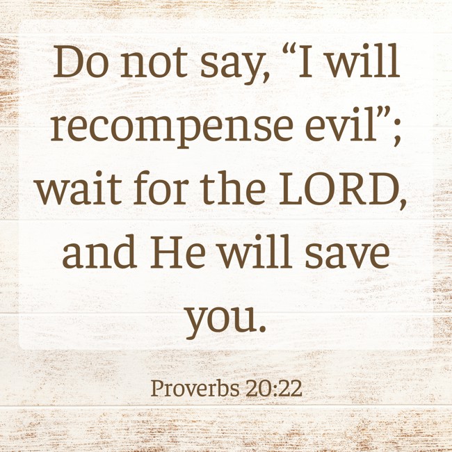 Do not say, “I will recompense evil”; wait for the LORD, and He will save you. - Proverbs 20:22