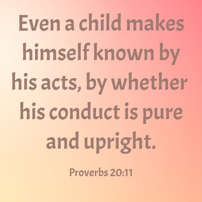 Even a child makes himself known by his acts, by whether his conduct is pure and upright. - Proverbs 20:11