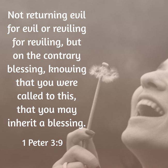 Not returning evil for evil or reviling for reviling, but on the contrary blessing, knowing that you were called to this, that you may inherit a blessing. - 1 Peter 3:9