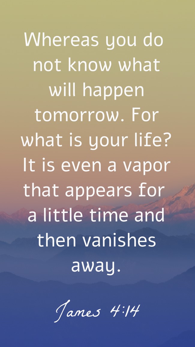 Whereas you do not know what will happen tomorrow. For what is your life? It is even a vapor that appears for a little time and then vanishes away. - James 4:14