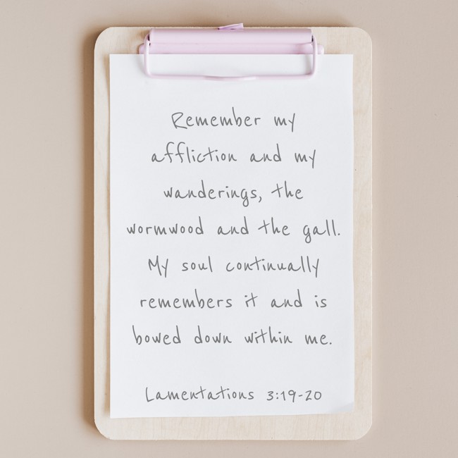  Remember my affliction and my wanderings, the wormwood and the gall. My soul continually remembers it and is bowed down within me.   - Lamentations 3:19-20 
