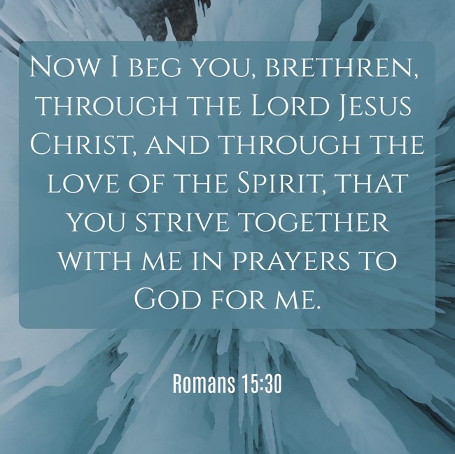 Now I beg you, brethren, through the Lord Jesus Christ, and through the love of the Spirit, that you strive together with me in prayers to God for me. - Romans 15:30