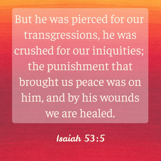  But he was pierced for our transgressions, he was crushed for our iniquities; the punishment that brought us peace was on him, and by his wounds we are healed.   - Isaiah 53:5 