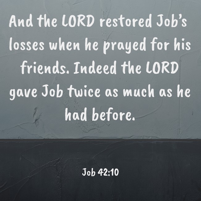 And the LORD restored Job’s losses when he prayed for his friends. Indeed the LORD gave Job twice as much as he had before. - Job 42:10