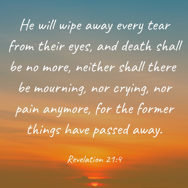  He will wipe away every tear from their eyes, and death shall be no more, neither shall there be mourning, nor crying, nor pain anymore, for the former things have passed away.   - Revelation 21:4 
