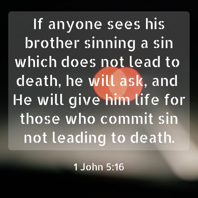If anyone sees his brother sinning a sin which does not lead to death, he will ask, and He will give him life for those who commit sin not leading to death. - 1 John 5:16