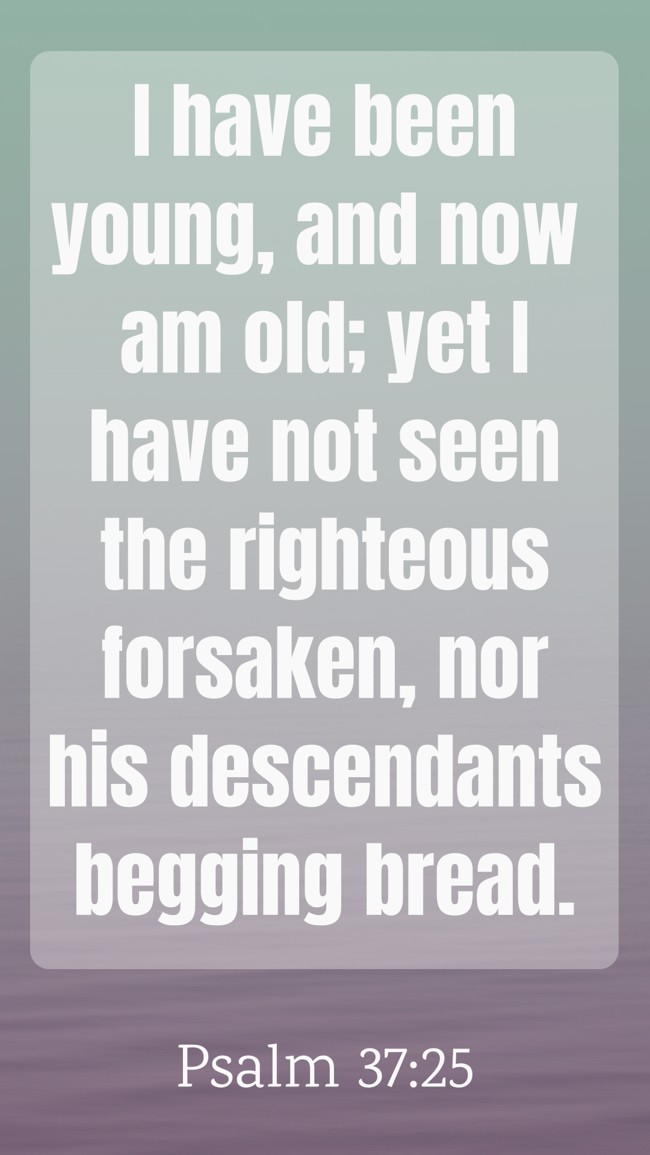 I have been young, and now am old; yet I have not seen the righteous forsaken, nor his descendants begging bread. - Psalm 37:25