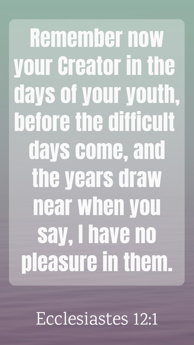 Remember now your Creator in the days of your youth, before the difficult days come, and the years draw near when you say, I have no pleasure in them. - Ecclesiastes 12:1