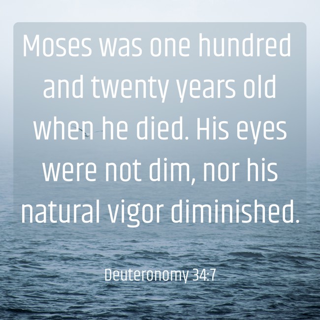 Moses was one hundred and twenty years old when he died. His eyes were not dim, nor his natural vigor diminished. - Deuteronomy 34:7