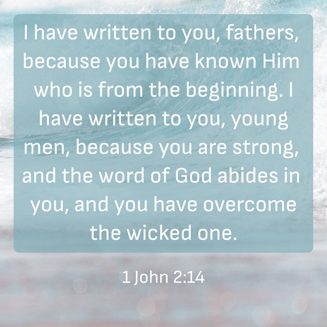 I have written to you, fathers, because you have known Him who is from the beginning. I have written to you, young men, because you are strong, and the word of God abides in you, and you have overcome the wicked one. - 1 John 2:14