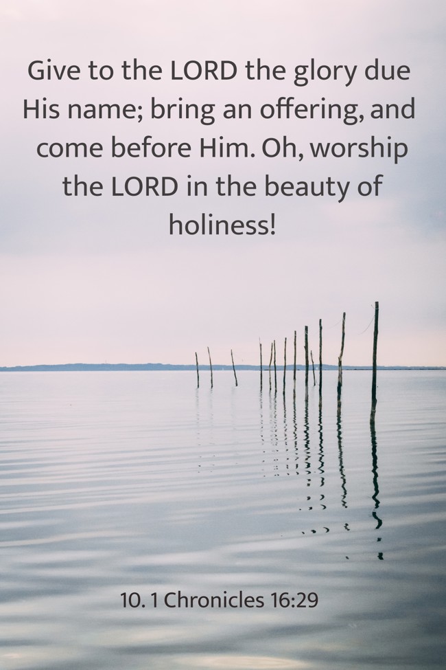 Give to the LORD the glory due His name; bring an offering, and come before Him. Oh, worship the LORD in the beauty of holiness! - 10. 1 Chronicles 16:29