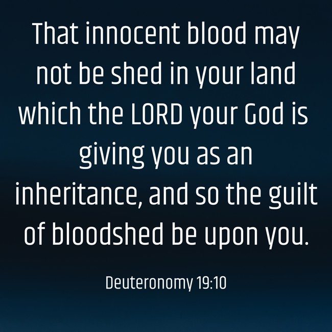 That innocent blood may not be shed in your land which the LORD your God is giving you as an inheritance, and so the guilt of bloodshed be upon you. - Deuteronomy 19:10