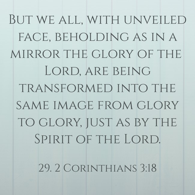 But we all, with unveiled face, beholding as in a mirror the glory of the Lord, are being transformed into the same image from glory to glory, just as by the Spirit of the Lord. - 29. 2 Corinthians 3:18