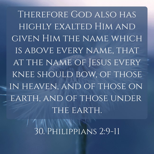 Therefore God also has highly exalted Him and given Him the name which is above every name, that at the name of Jesus every knee should bow, of those in heaven, and of those on earth, and of those under the earth. - 30. Philippians 2:9-11