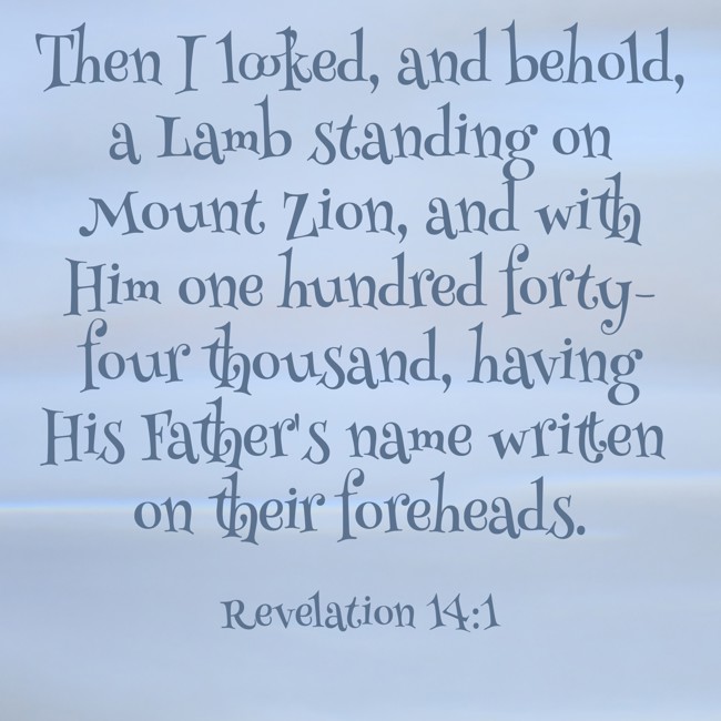 Then I looked, and behold, a Lamb standing on Mount Zion, and with Him one hundred forty-four thousand, having His Father's name written on their foreheads. - Revelation 14:1