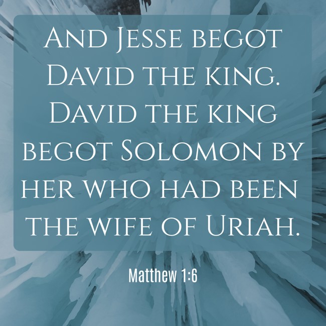 And Jesse begot David the king. David the king begot Solomon by her who had been the wife of Uriah. - Matthew 1:6