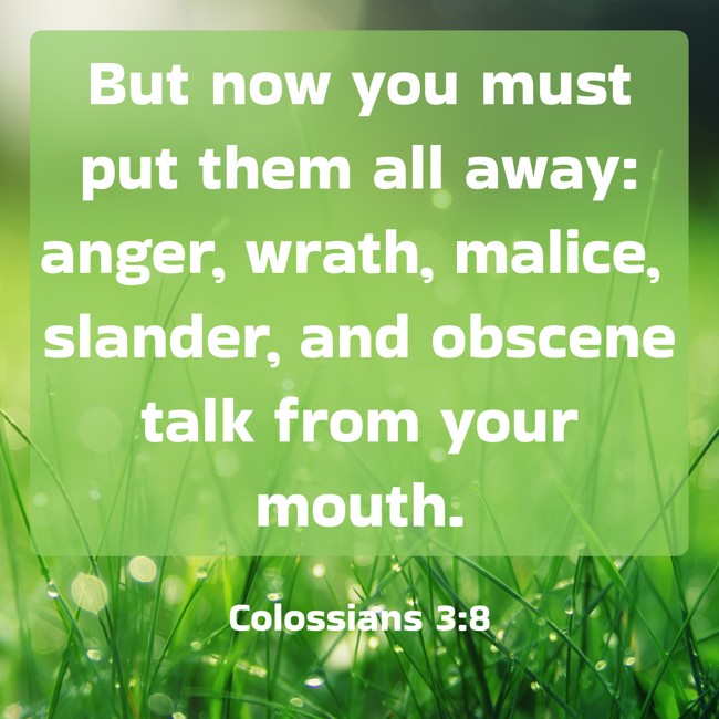 But now you must put them all away: anger, wrath, malice, slander, and obscene talk from your mouth. - Colossians 3:8