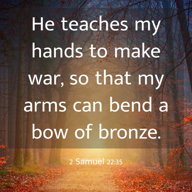 He teaches my hands to make war, so that my arms can bend a bow of bronze. - 2 Samuel 22:35