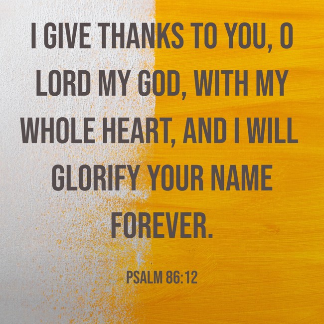 I give thanks to you, O Lord my God, with my whole heart, and I will glorify your name forever. - Psalm 86:12