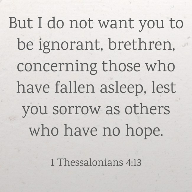 But I do not want you to be ignorant, brethren, concerning those who have fallen asleep, lest you sorrow as others who have no hope. - 1 Thessalonians 4:13
