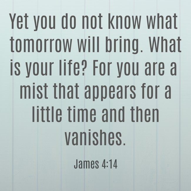 Yet you do not know what tomorrow will bring. What is your life? For you are a mist that appears for a little time and then vanishes. - James 4:14