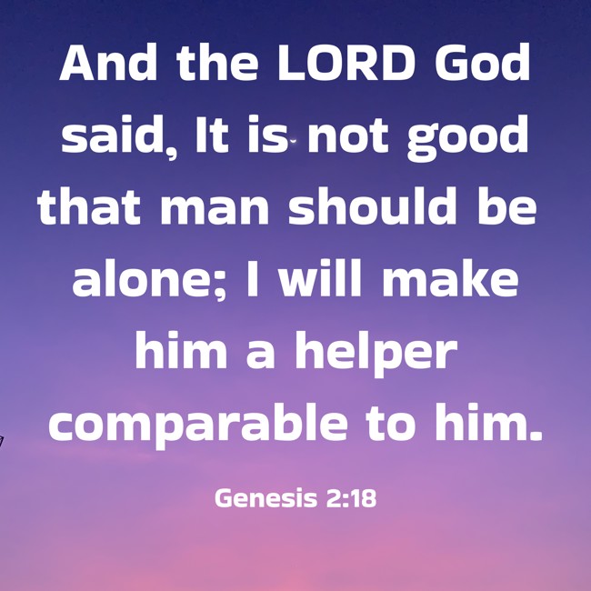 And the LORD God said, It is not good that man should be alone; I will make him a helper comparable to him. - Genesis 2:18