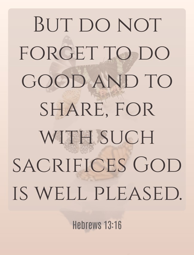  But do not forget to do good and to share, for with such sacrifices God is well pleased.   - Hebrews 13:16 