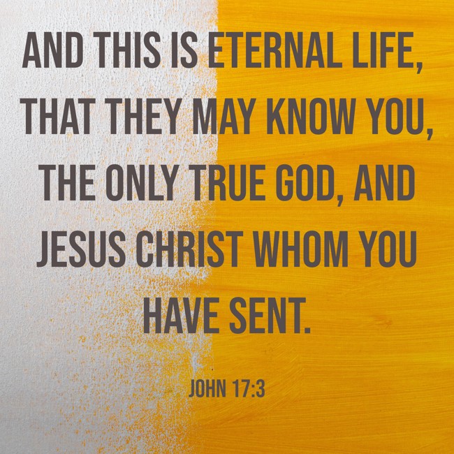  And this is eternal life, that they may know You, the only true God, and Jesus Christ whom You have sent.   - John 17:3 
